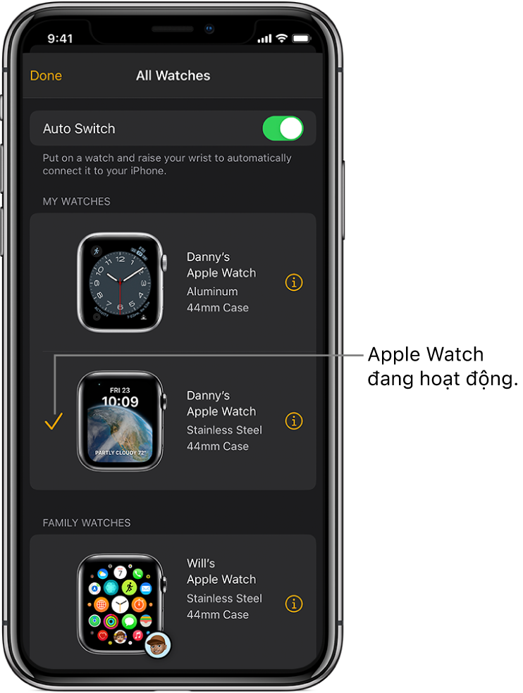 Trong màn hình Tất cả đồng hồ của ứng dụng Apple Watch, một dấu chọn cho biết Apple Watch đang hoạt động.