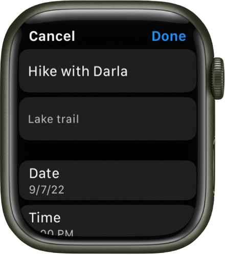 Apple Watch 上的「提醒事項」App 中的「編輯」畫面。提醒事項的名稱位於最上方，下方為描述。底部為顯示提醒事項已編排的日期和時間之位置。右上方有「完成」按鈕。