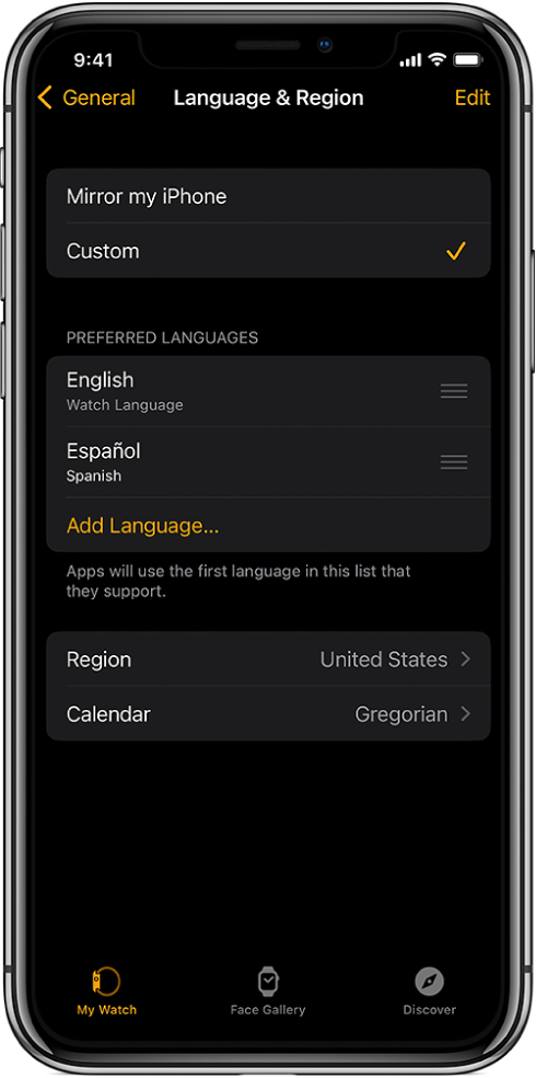 Apple Watch App 中的“语言与地区”屏幕,“首选语言”下方显示英语和西班牙语。