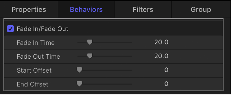 Behaviors Inspector showing Fade In/Fade Out behavior controls