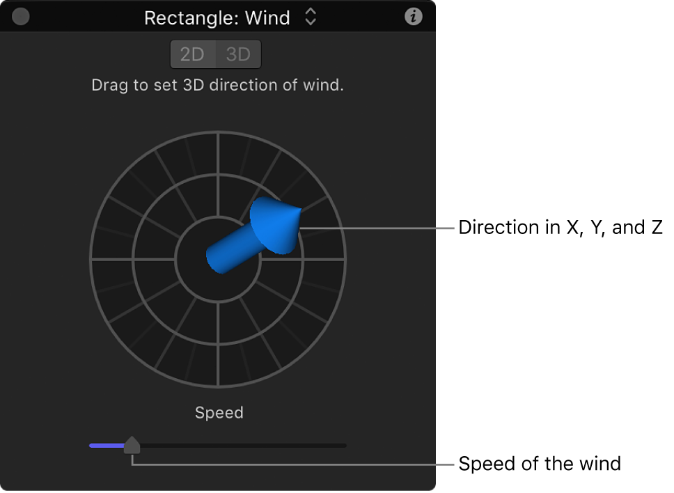 HUD showing special controls for Wind behavior in 3D mode