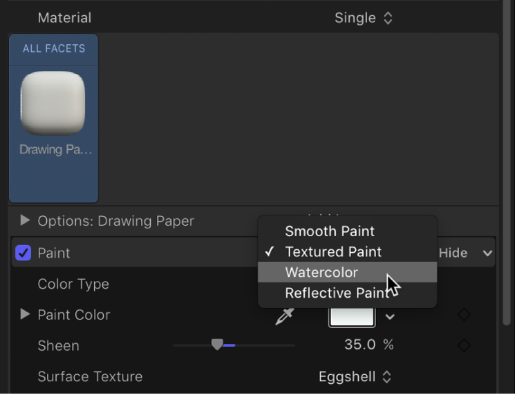 3D Text Inspector showing Paint pop-up menu