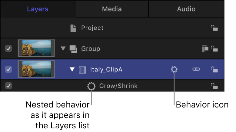 Layers list showing behaviors applied to an object