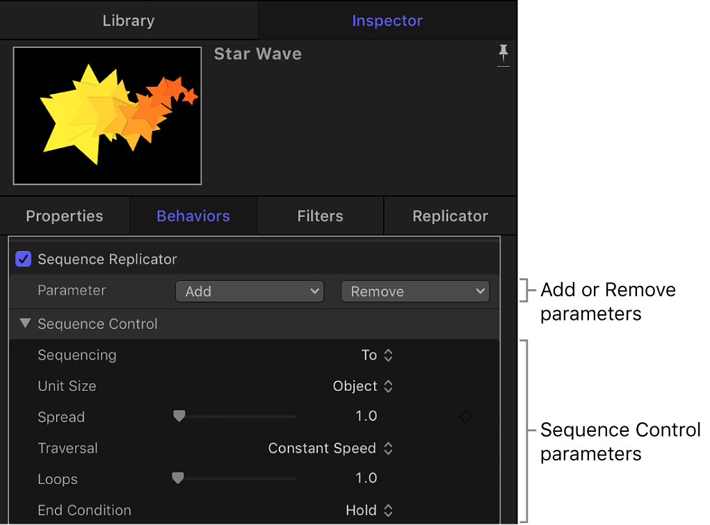 Inspector showing Sequence Replicator behavior parameters