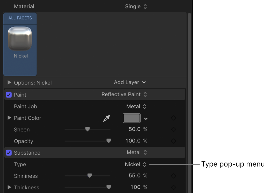 Type pop-up menu in the Metal Substance controls (in the Appearance pane of the Text Inspector)