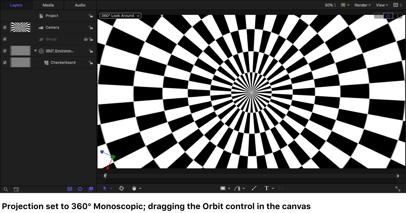Canvas showing a Checkerboard generator displayed in 360° Monoscopic projection while dragging the Orbit control