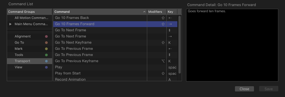 Command Editor showing selected command and brief description