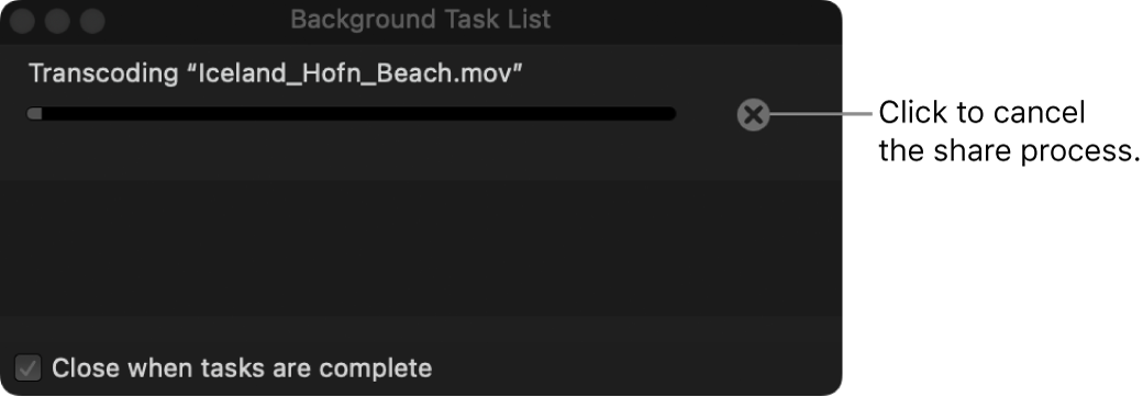 Background Task List showing the Cancel button