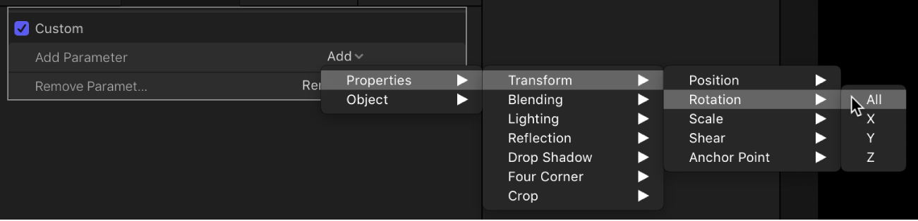 Behaviors Inspector showing parameter being added to the Custom behavior from Properties > Transform > Position submenu