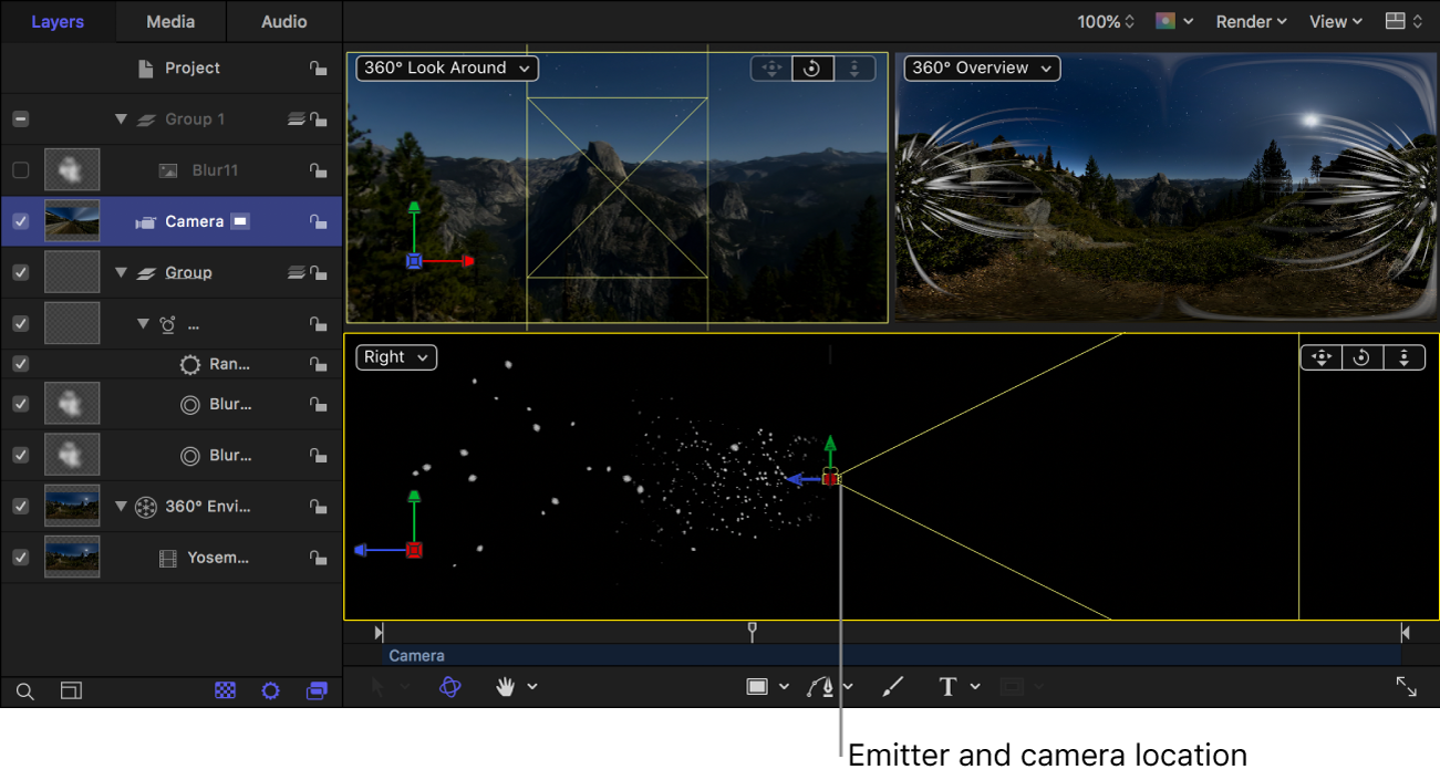 3D canvas view showing the particle emitter and camera in the same location