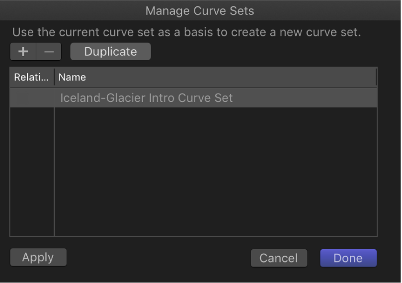 Manage Curve Sets dialog