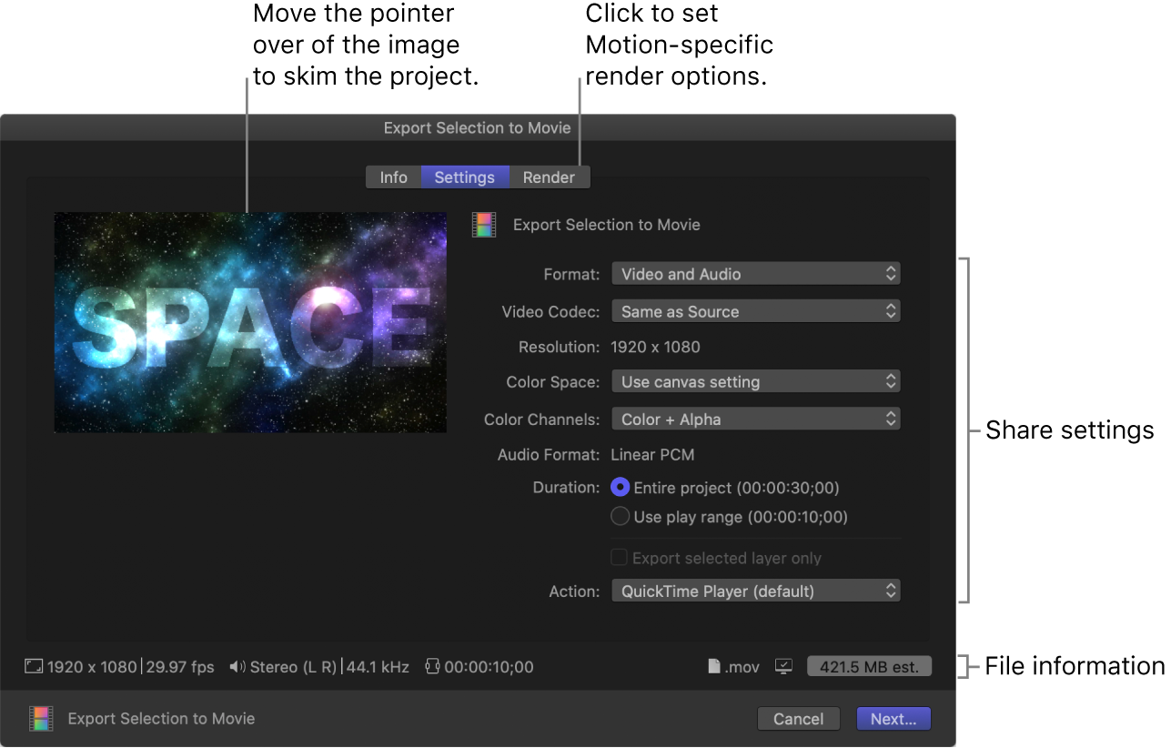 Settings pane of Export Selection to Movie window