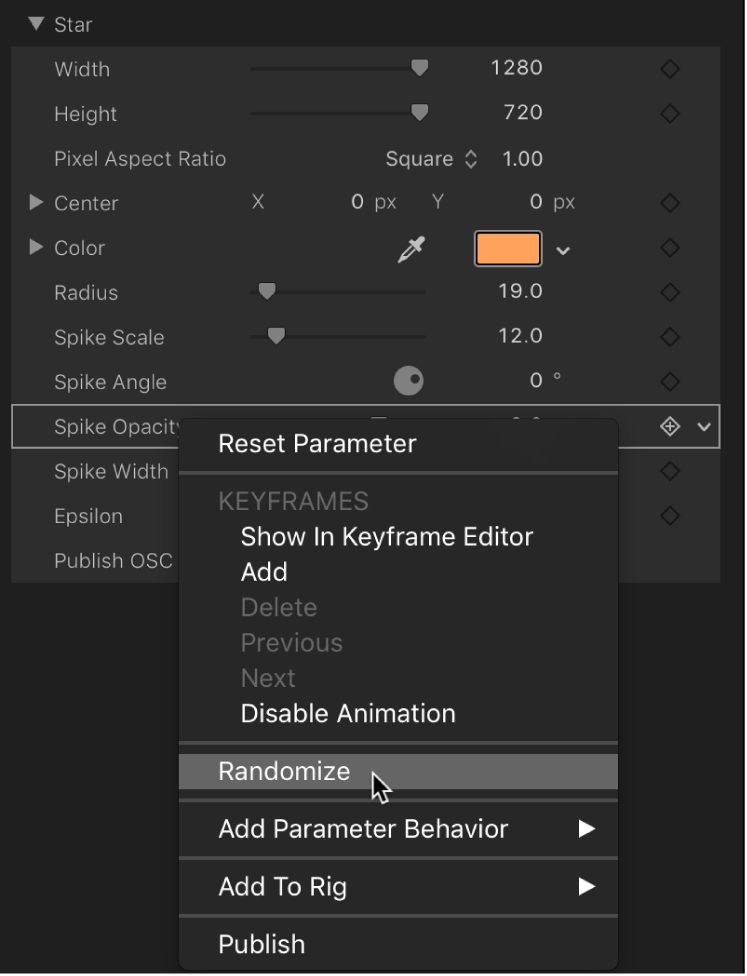 Selecting the Randomize parameter in the Animation menu