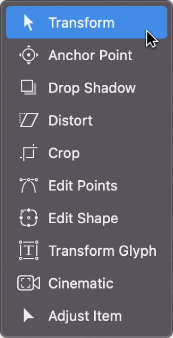 Transform tools pop-up menu in the canvas toolbar