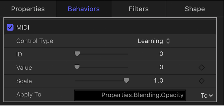 Behaviors Inspector showing Midi behavior settings