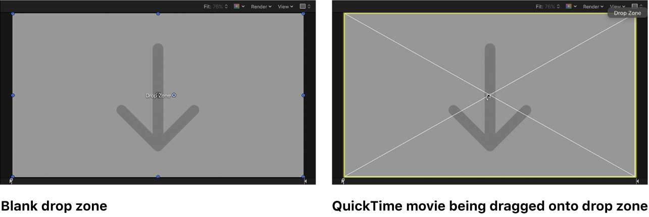Canvas showing a QuickTime movie being dragged onto a drop zone