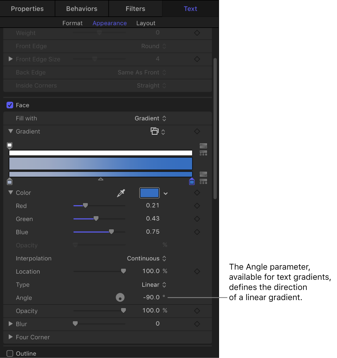Inspector showing expanded gradient editor controls