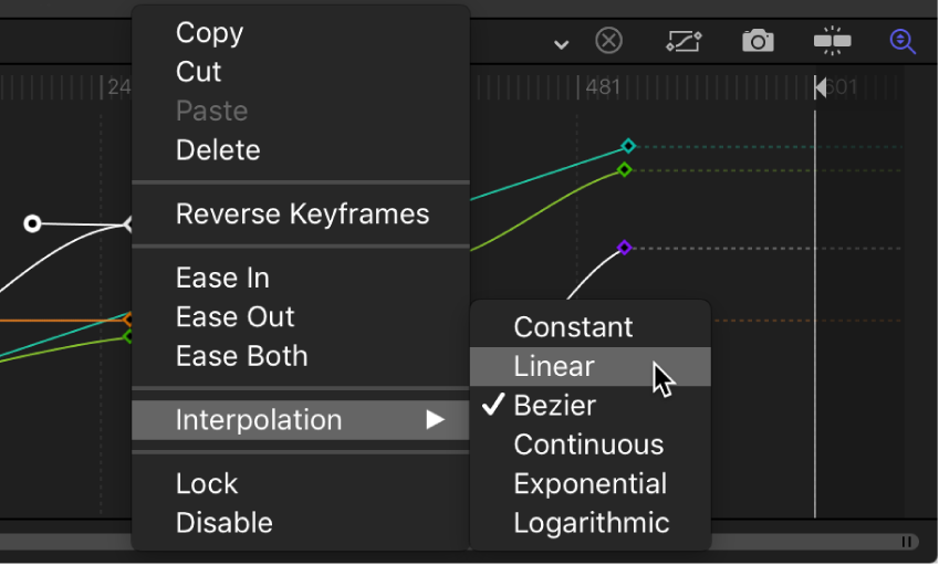 Keyframe Editor showing Interpolation submenu for curve segment