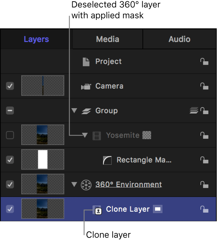 Clone layer moved into 360° Environment
