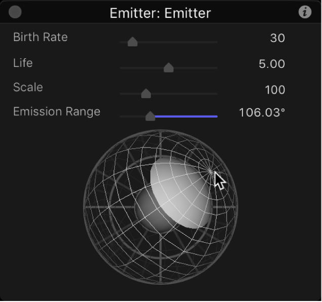 HUD showing 3D emission control sphere rotated and offset