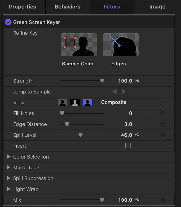 Parameters in the Green Screen Keyer filter