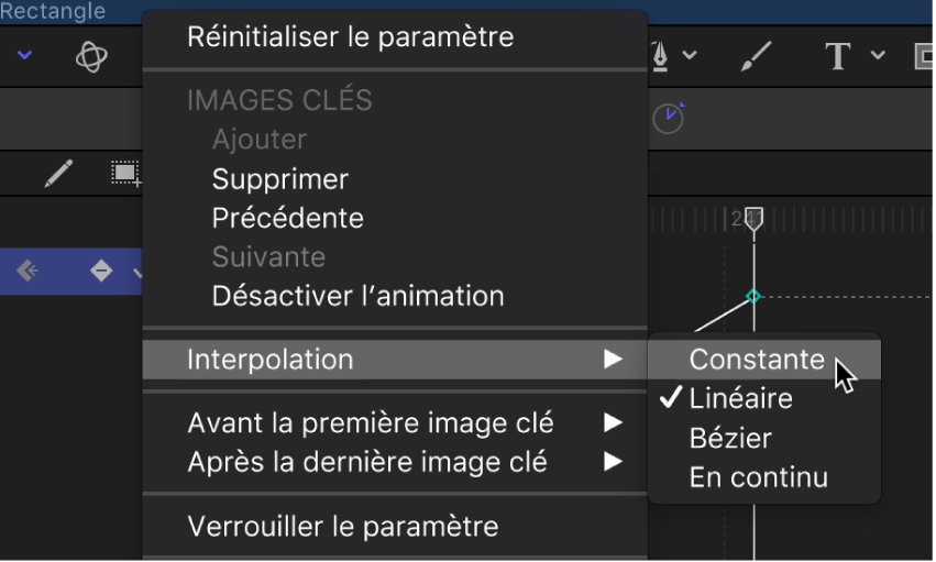 Changement de méthode d’interpolation d’un paramètre entier par le biais du menu Animation de l’éditeur d’images clés