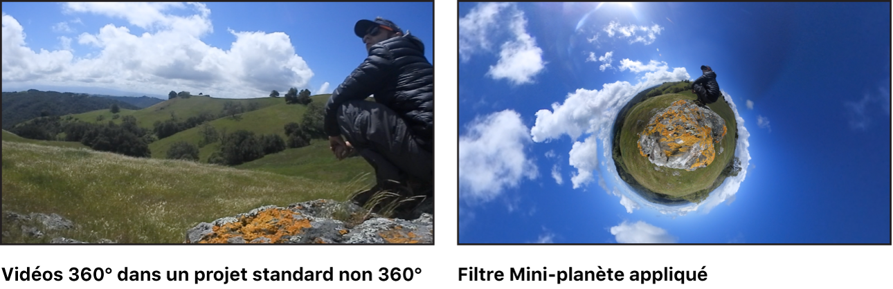 Canevas affichant l’effet du filtre Mini-planète sur du métrage 360°