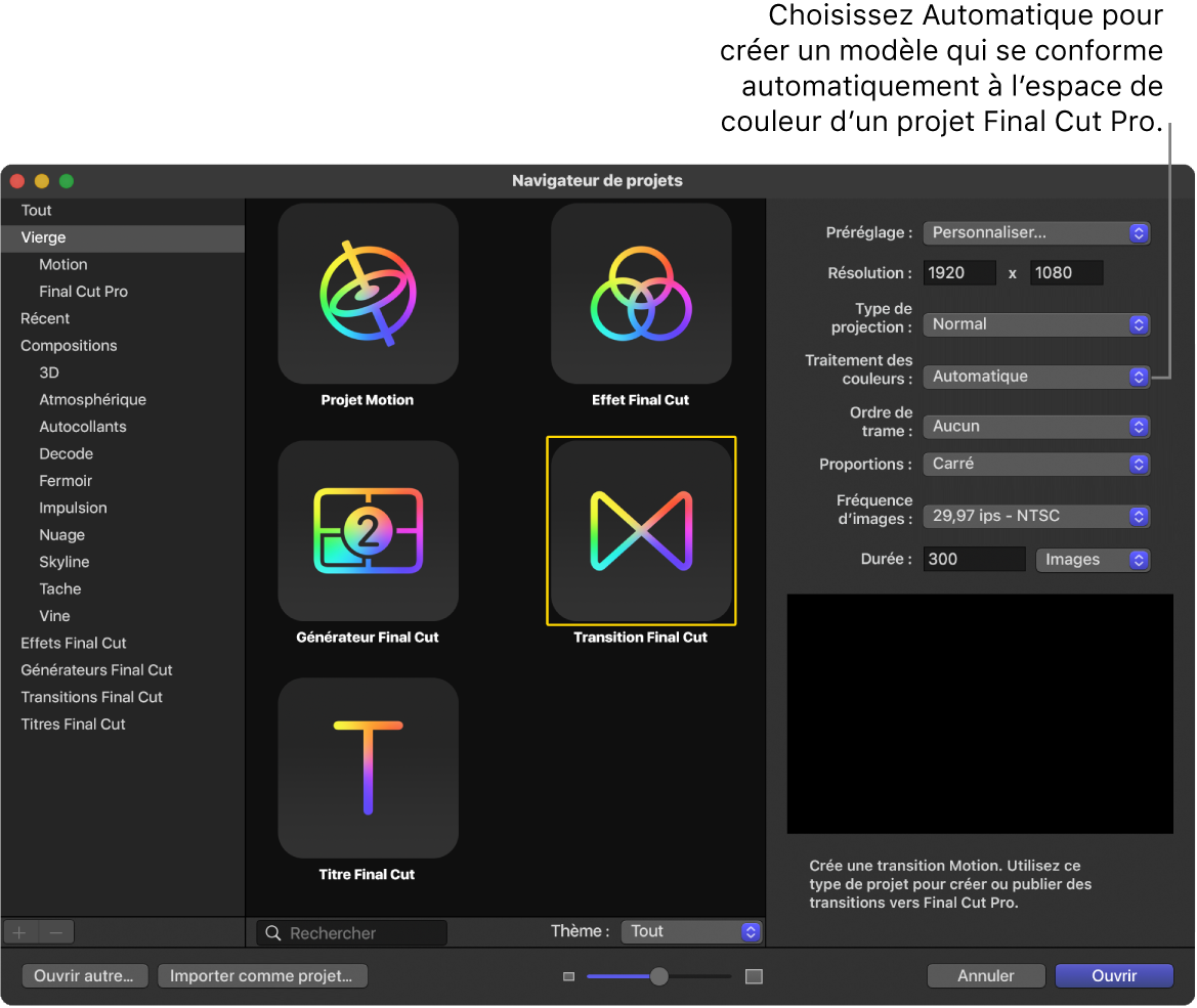 Navigateur de projets montrant l’icône « Transition Final Cut » et « Traitement des couleurs » défini sur Automatique
