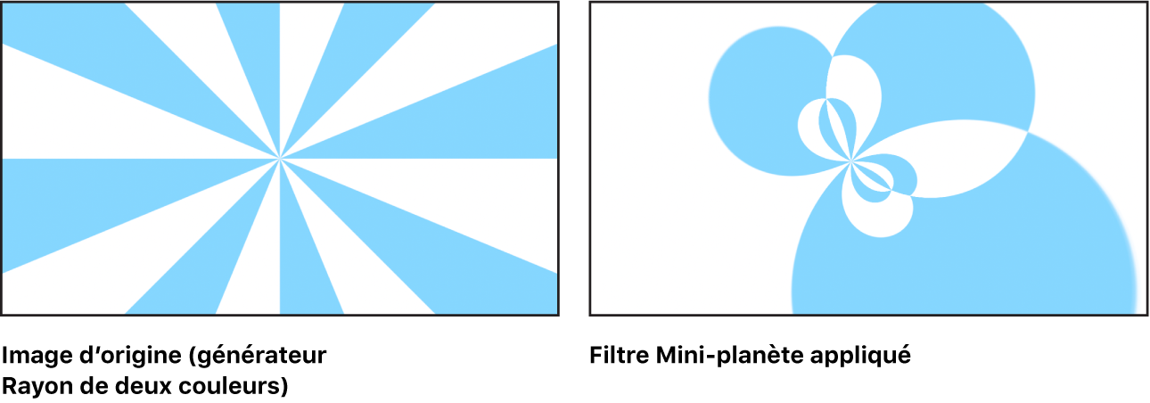 Canevas affichant l’effet du filtre Mini-planète sur un générateur Rayon de deux couleurs