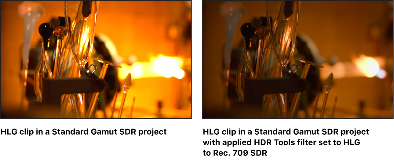 显示将“HDR 工具”滤镜应用到 HLG 片段效果的画布。