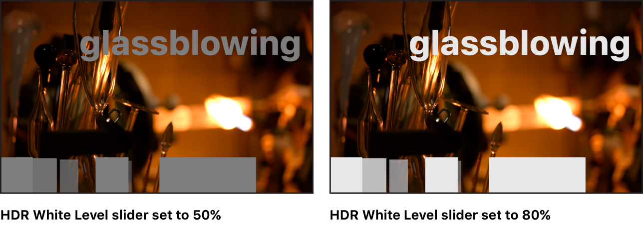 画布显示在包含白色 SDR 元素的 HLG 项目中调整“HDR 白色亮度”滑块后的效果。