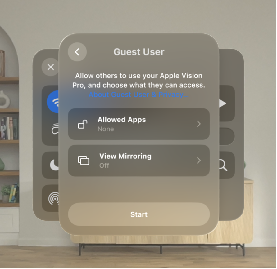 Guest User settings on Apple Vision Pro, with options to change what apps the guest can access, and whether or not to mirror your view.