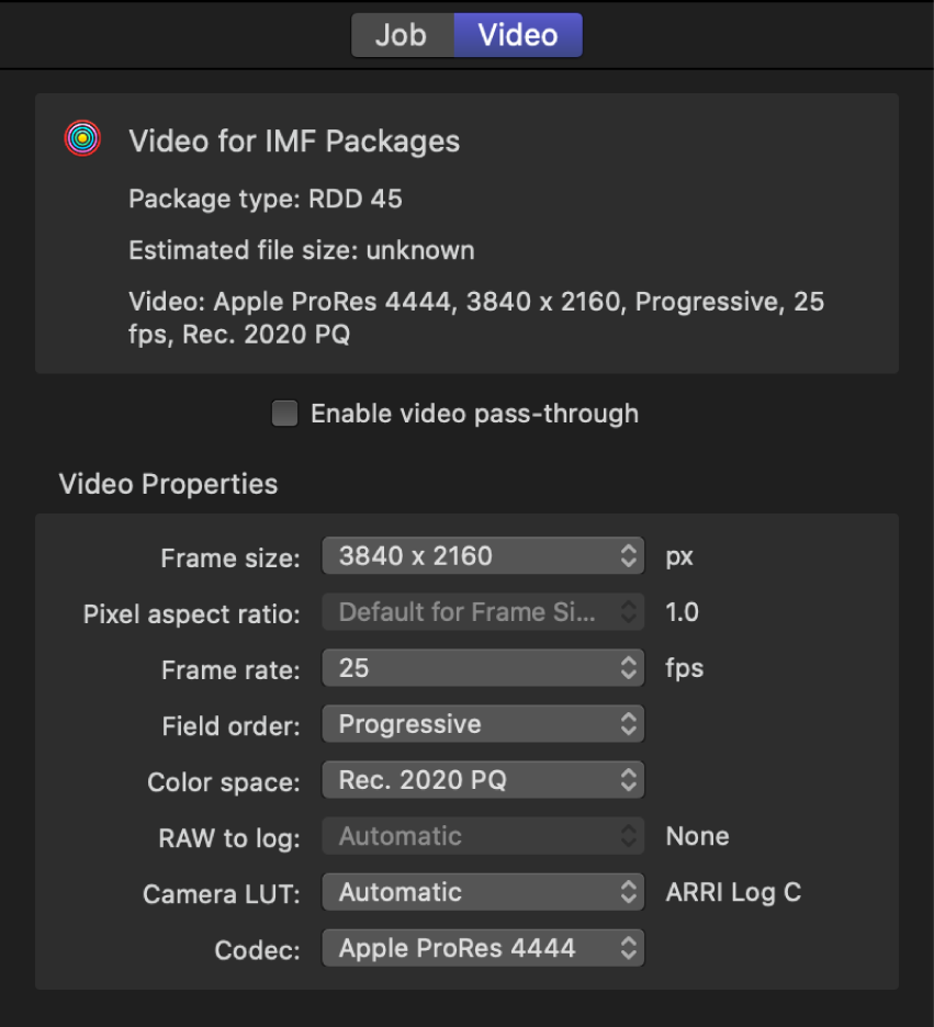 Video Properties are of the Video inspector showing the HDR color space pop-up menu, where you set the color space for the output file.