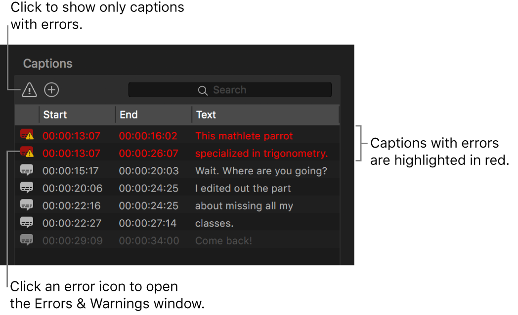 Captions list showing captions with errors highlighted in red