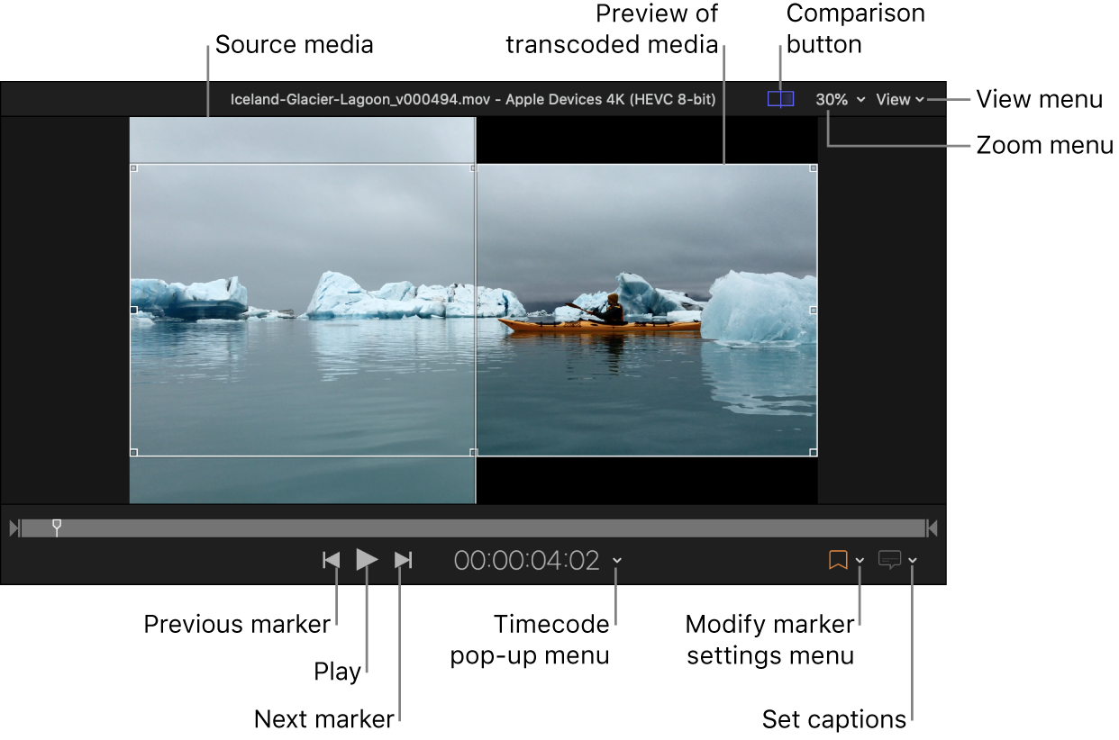 Preview area showing playback controls, and the comparison between the Source media and a preview of the transcoded media.