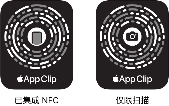 左侧为 iPhone 图标位于中间的集成 NFC 的轻 APP 码。右侧为相机图标位于中间的仅供扫描的轻 APP 码。