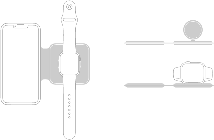 رسم توضيحي على اليسار يظهر به وضع الـ iPhone والـ Apple Watch بشكل مسطح على أسطح شحن شاحن MagSafe الثنائي. رسم توضيحي في الجزء العلوي الأيمن يظهر به سطح شحن Apple Watch مرتفع. رسم توضيحي أدناه يظهر به وضع الـ Apple Watch على سطح الشحن المرتفع.