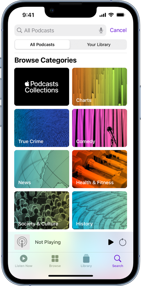 La pantalla de cerca mostrant les categories de col·leccions de podcasts, èxits, crims, comèdia, notícies, salut i exercici, societat i cultura, i història.