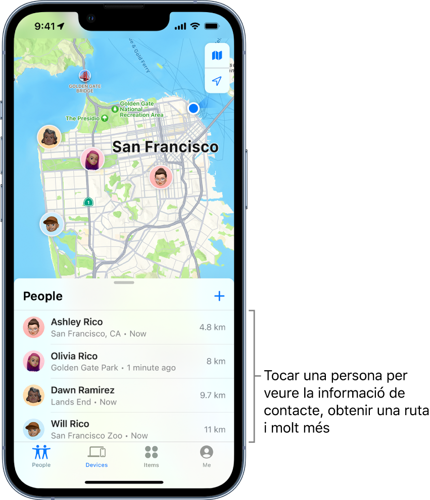 Pantalla de l’app Buscar oberta per la llista Persones. A la llista hi ha quatre persones: Anna Rius, Olívia Rius, David Rovira i Guillem Rius. Es mostren les seves ubicacions al mapa de San Francisco.
