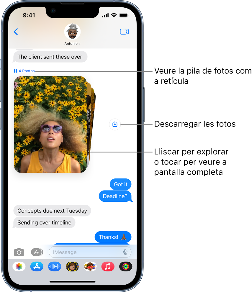 Conversa de l’app Missatges que inclou una col·lecció de fotos de persones i de flors al costat del botó Desar.