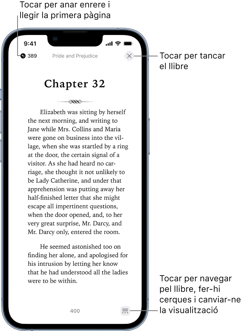 Pàgina d’un llibre a l’app Llibres. A la part superior de la pantalla hi ha els botons per tornar a la pàgina on has començat a llegir i per tancar el llibre. A la part inferior dreta de la pantalla, hi ha el botó Menú.