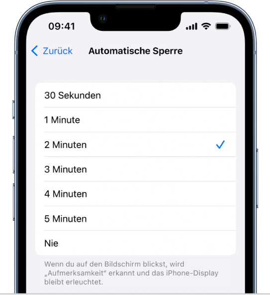Der Bildschirm „Automatische Sperre“ mit Einstellungen für die Zeitspanne vor der Aktivierung der automatischen Sperre auf dem iPhone.