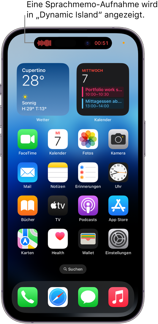 Der iPhone 14 Pro Home-Bildschirm mit einer laufenden Sprachmemo-Aufnahme in der Dynamic Island.