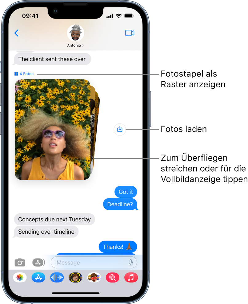 Eine Konversation in der App „Nachrichten“ mit einer Sammlung von Fotos, auf denen Personen und Blumen zu sehen sind, neben einer Taste zum Sichern.