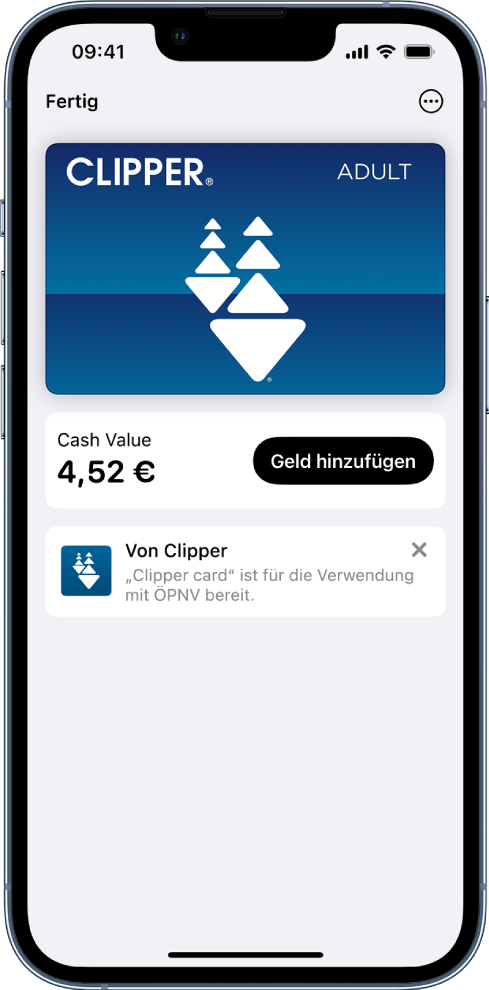 Eine ÖPNV-Karte in der App „Wallet“. Der Kartensaldo wird in der Mitte neben der Taste „Geld hinzufügen“ angezeigt.
