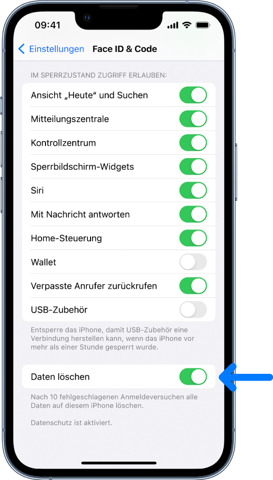 Die Option „Daten löschen“ im unteren Bereich des Bildschirms „Face ID & Code“ in der App „Einstellungen“.