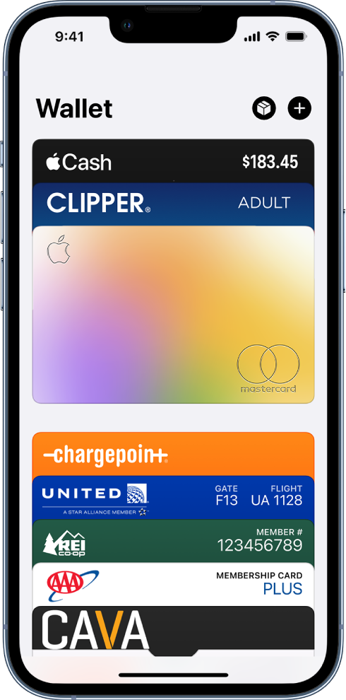The Wallet screen, showing several payment cards and passes.