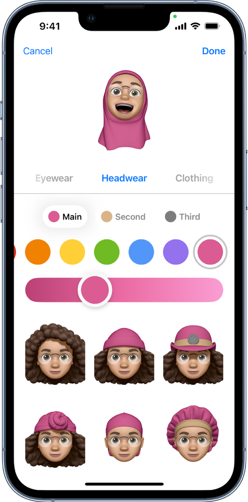 The Memoji screen, showing the character being created at the top, features to customize below the character, then below that, options for the selected feature. The Done button is at the top right and the Cancel button is at the top left.