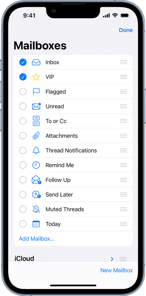 The Mailboxes edit screen. Optional Mailboxes are listed from top to bottom with a checkbox to their left. The optional mailboxes include Inbox, VIP, Flagged, Unread, Attachments, Remind Me, and more. At the bottom-right corner of the screen is a button labeled New Mailbox.
