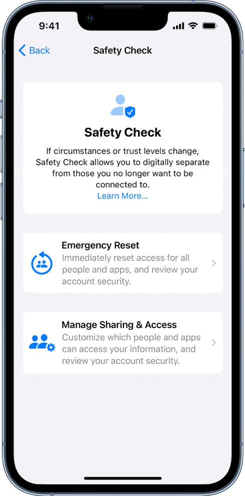 The Safety Check screen.